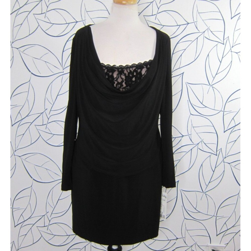 Joseph Ribbkoff Black Lace Trim Drape Tunic Dress Sequin Elbow Patches Sz 12 New